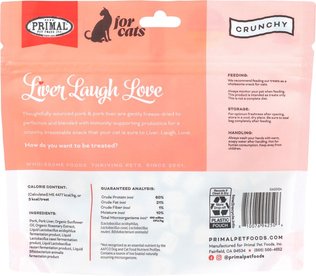 Primal Liver Laugh Love for Cats Simply Pork Flavored Crunchy
